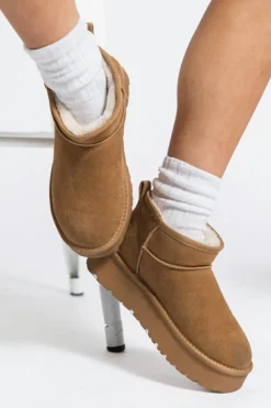 Fashion Dear-Lover Faux Fur Lined Suede Ankle Snow Boots Chestnut