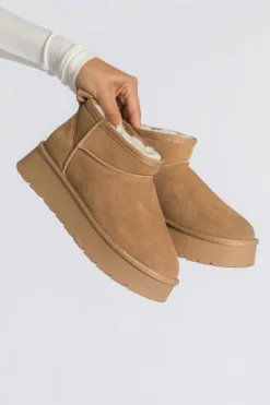 Fashion Dear-Lover Faux Fur Lined Suede Ankle Snow Boots Chestnut