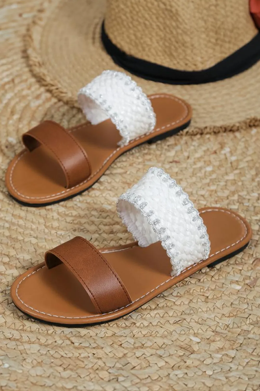 Best Dear-Lover Faux Leather Woven Strap Flat Slippers Chestnut