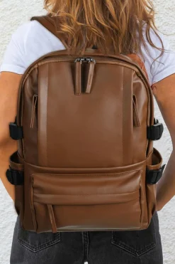 Discount Dear-Lover Faux Leather Zipped Large Capacity Backpack Chestnut