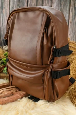 Discount Dear-Lover Faux Leather Zipped Large Capacity Backpack Chestnut