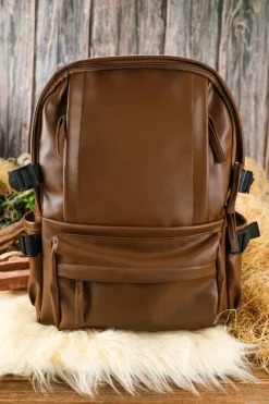 Discount Dear-Lover Faux Leather Zipped Large Capacity Backpack Chestnut