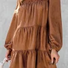 Fashion Dear-Lover Floral Lace Crochet Tiered Ruffled Mini Dress Chestnut