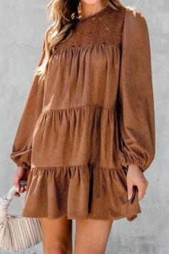 Fashion Dear-Lover Floral Lace Crochet Tiered Ruffled Mini Dress Chestnut