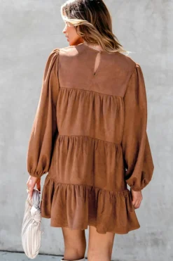 Fashion Dear-Lover Floral Lace Crochet Tiered Ruffled Mini Dress Chestnut
