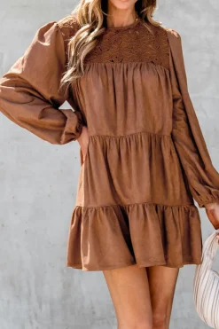 Fashion Dear-Lover Floral Lace Crochet Tiered Ruffled Mini Dress Chestnut