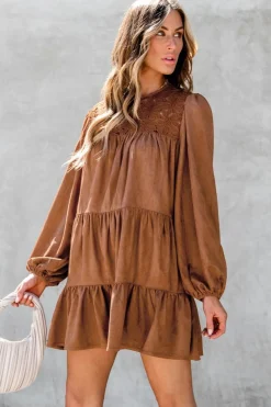 Fashion Dear-Lover Floral Lace Crochet Tiered Ruffled Mini Dress Chestnut