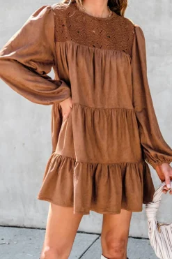 Fashion Dear-Lover Floral Lace Crochet Tiered Ruffled Mini Dress Chestnut