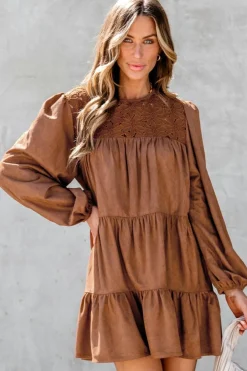 Fashion Dear-Lover Floral Lace Crochet Tiered Ruffled Mini Dress Chestnut