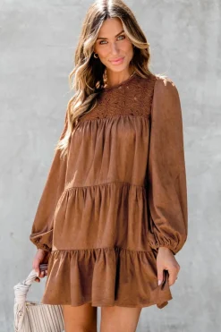 Fashion Dear-Lover Floral Lace Crochet Tiered Ruffled Mini Dress Chestnut