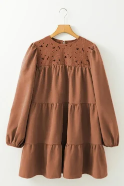 Fashion Dear-Lover Floral Lace Crochet Tiered Ruffled Mini Dress Chestnut