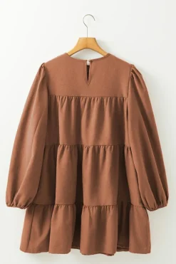 Fashion Dear-Lover Floral Lace Crochet Tiered Ruffled Mini Dress Chestnut