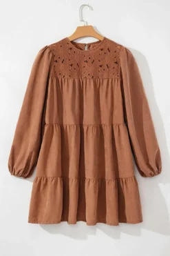 Fashion Dear-Lover Floral Lace Crochet Tiered Ruffled Mini Dress Chestnut