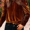 Fashion Dear-Lover Frilled Collar Puff Sleeve Velvet Top Chestnut
