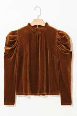 Fashion Dear-Lover Frilled Collar Puff Sleeve Velvet Top Chestnut