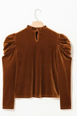 Fashion Dear-Lover Frilled Collar Puff Sleeve Velvet Top Chestnut