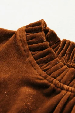 Fashion Dear-Lover Frilled Collar Puff Sleeve Velvet Top Chestnut