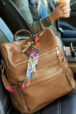Hot Dear-Lover Geometric Crochet Strap PU Leather Large Backpack Chestnut