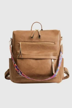 Hot Dear-Lover Geometric Crochet Strap PU Leather Large Backpack Chestnut