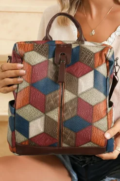 Clearance Dear-Lover Geometric Soft PU Leather Large Convertible Backpack Chestnut