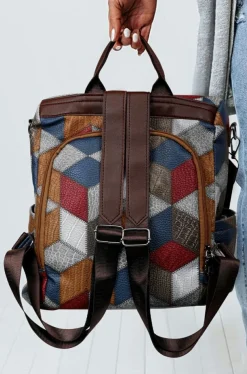 Clearance Dear-Lover Geometric Soft PU Leather Large Convertible Backpack Chestnut