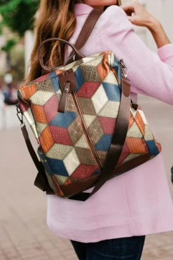 Clearance Dear-Lover Geometric Soft PU Leather Large Convertible Backpack Chestnut