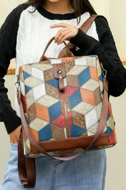 Clearance Dear-Lover Geometric Soft PU Leather Large Convertible Backpack Chestnut