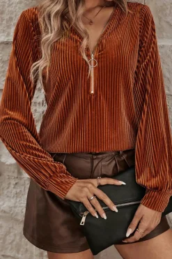 Clearance Dear-Lover Half Zip V Neck Ribbed Velvet Top Chestnut