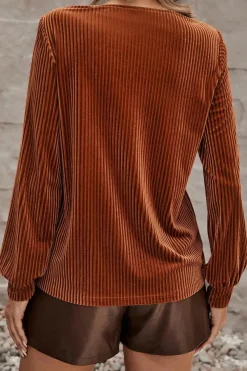 Clearance Dear-Lover Half Zip V Neck Ribbed Velvet Top Chestnut