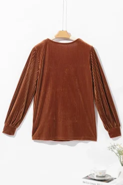 Clearance Dear-Lover Half Zip V Neck Ribbed Velvet Top Chestnut