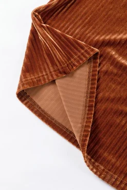 Clearance Dear-Lover Half Zip V Neck Ribbed Velvet Top Chestnut