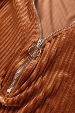 Clearance Dear-Lover Half Zip V Neck Ribbed Velvet Top Chestnut