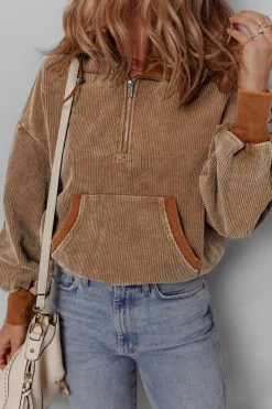 Online Dear-Lover Half Zipper Kangaroo Pocket Drawstring Corduroy Hoodie Chestnut