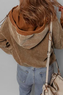 Online Dear-Lover Half Zipper Kangaroo Pocket Drawstring Corduroy Hoodie Chestnut