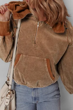 Online Dear-Lover Half Zipper Kangaroo Pocket Drawstring Corduroy Hoodie Chestnut