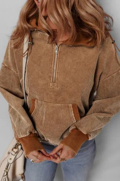 Online Dear-Lover Half Zipper Kangaroo Pocket Drawstring Corduroy Hoodie Chestnut