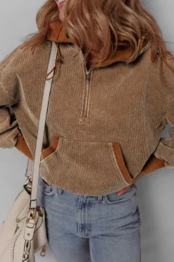 Online Dear-Lover Half Zipper Kangaroo Pocket Drawstring Corduroy Hoodie Chestnut
