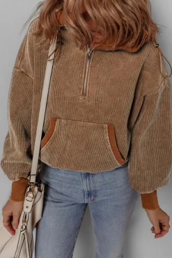 Online Dear-Lover Half Zipper Kangaroo Pocket Drawstring Corduroy Hoodie Chestnut