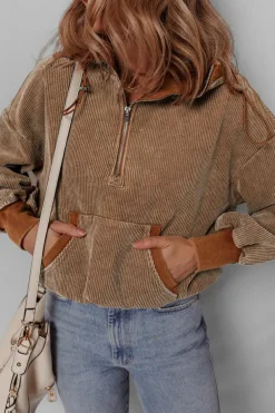 Online Dear-Lover Half Zipper Kangaroo Pocket Drawstring Corduroy Hoodie Chestnut
