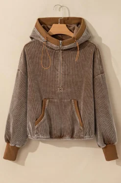 Online Dear-Lover Half Zipper Kangaroo Pocket Drawstring Corduroy Hoodie Chestnut