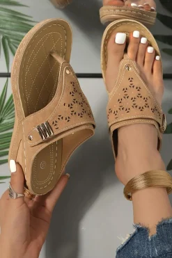 Fashion Dear-Lover Hollow Out Clip Toe Wedge Slippers Chestnut