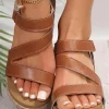 Hot Dear-Lover Hollow Out Velcro Leather Wedge Sandals Chestnut