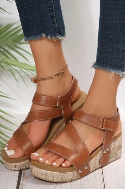 Hot Dear-Lover Hollow Out Velcro Leather Wedge Sandals Chestnut