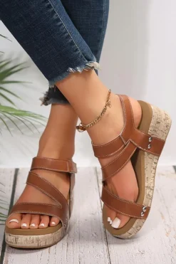 Hot Dear-Lover Hollow Out Velcro Leather Wedge Sandals Chestnut
