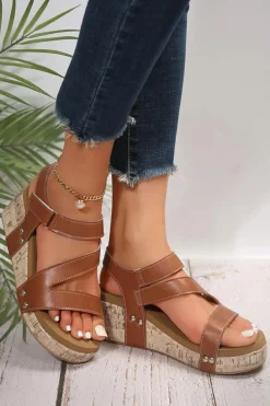 Hot Dear-Lover Hollow Out Velcro Leather Wedge Sandals Chestnut