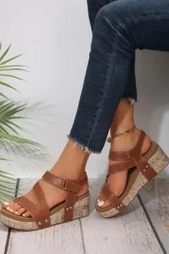 Hot Dear-Lover Hollow Out Velcro Leather Wedge Sandals Chestnut
