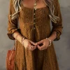 Outlet Dear-Lover Lace Crochet Buttoned Square Neck Shift Mini Dress Chestnut
