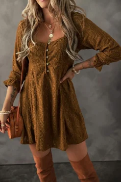 Outlet Dear-Lover Lace Crochet Buttoned Square Neck Shift Mini Dress Chestnut