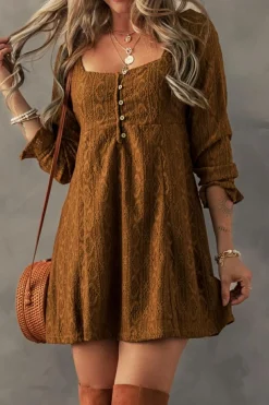 Outlet Dear-Lover Lace Crochet Buttoned Square Neck Shift Mini Dress Chestnut