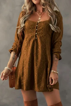 Outlet Dear-Lover Lace Crochet Buttoned Square Neck Shift Mini Dress Chestnut